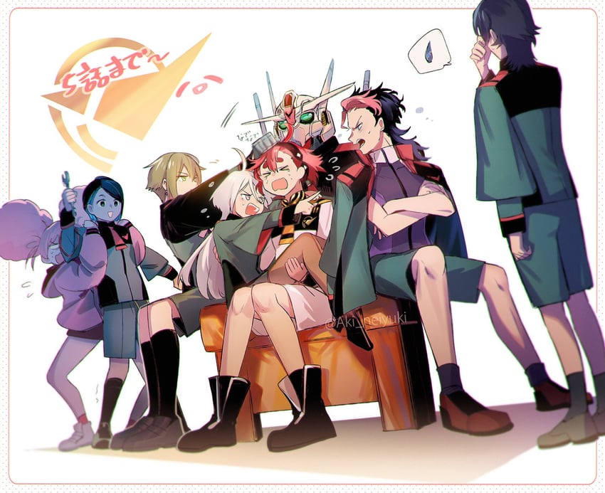 suletta mercury, miorine rembran, guel jeturk, elan ceres, gundam aerial, and 3 more (gundam and 1 more) drawn by aki_(neyuki41028)