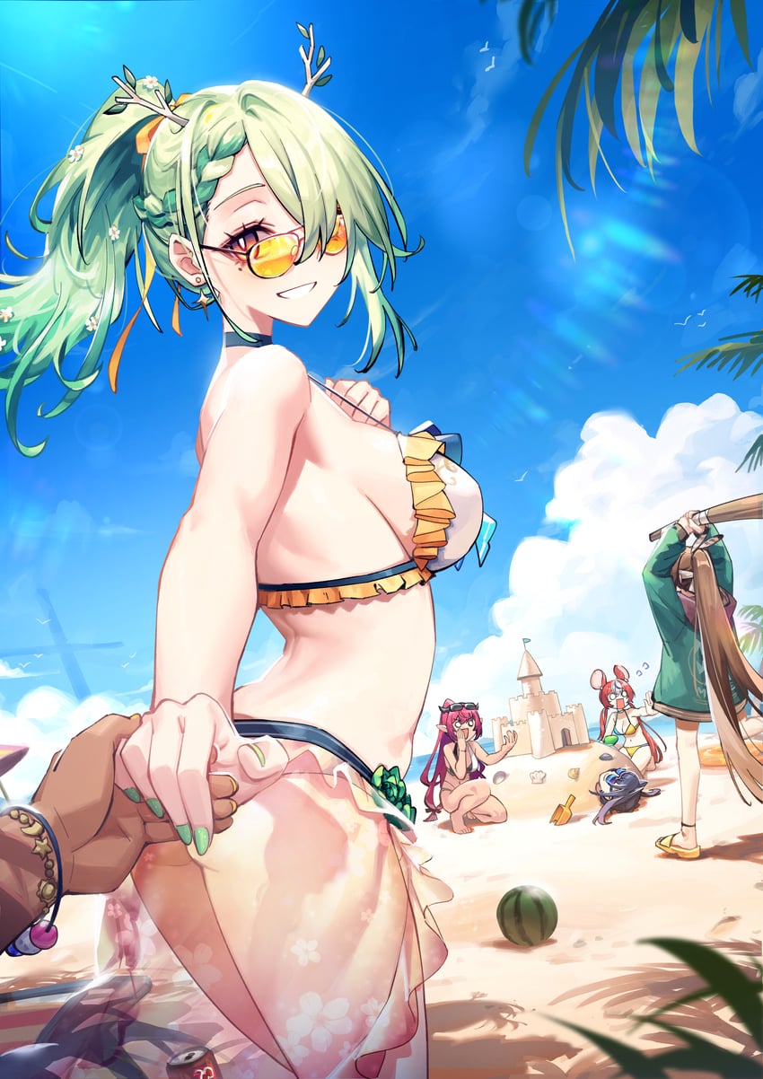 ouro kronii, nanashi mumei, hakos baelz, ceres fauna, irys, and 1 more (hololive and 1 more) drawn by adarin