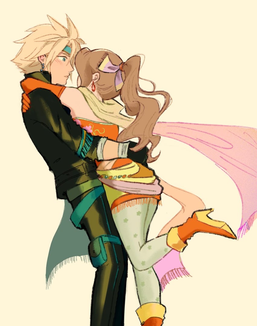 cloud strife, aerith gainsborough, terra branford, and locke cole (final fantasy and 3 more) drawn by softp3ach