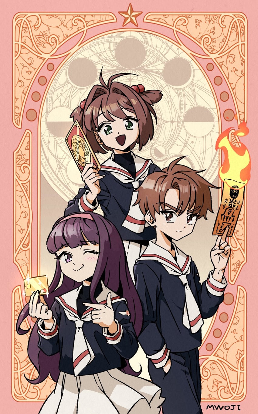 kinomoto sakura, daidouji tomoyo, and li syaoran (cardcaptor sakura) drawn by mwoji