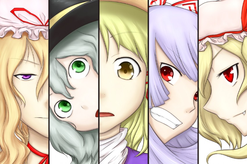 flandre scarlet, komeiji koishi, yakumo yukari, fujiwara no mokou, and moriya suwako (touhou) drawn by m55