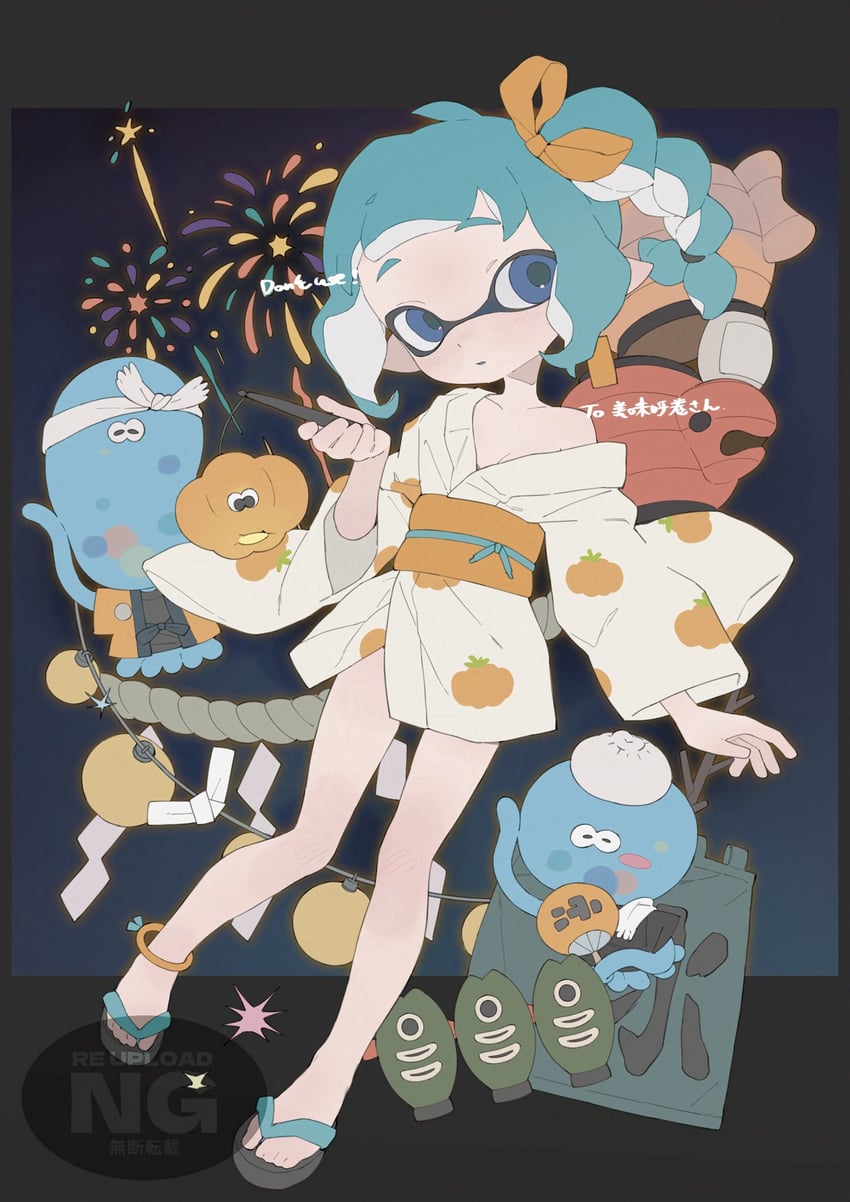 inkling player character, inkling girl, and jellyfish (splatoon) drawn by gomi20021021