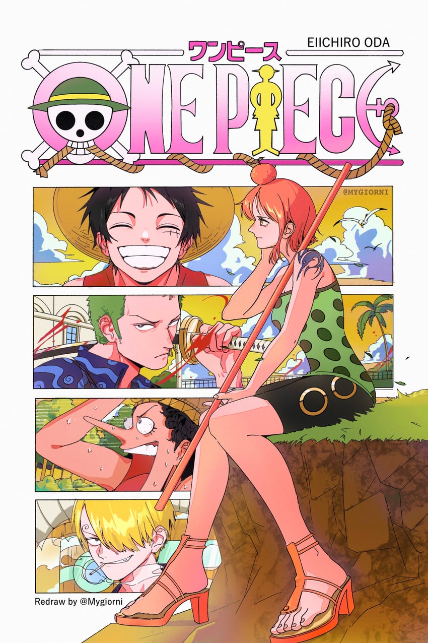 nami, monkey d. luffy, roronoa zoro, sanji, and usopp (one piece) drawn by mygiorni