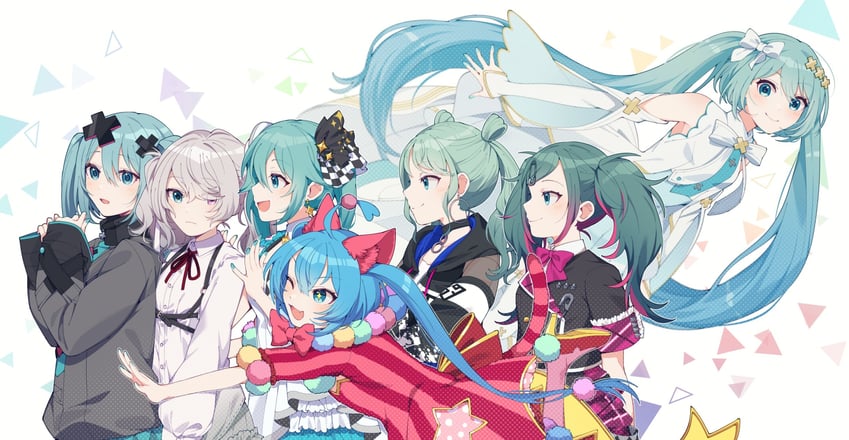 hatsune miku, 25-ji miku, wonderlands x showtime miku, vivid bad squad miku, leo/need miku, and 3 more (vocaloid and 2 more) drawn by mitsumine_(ookami_no_oyashiro)