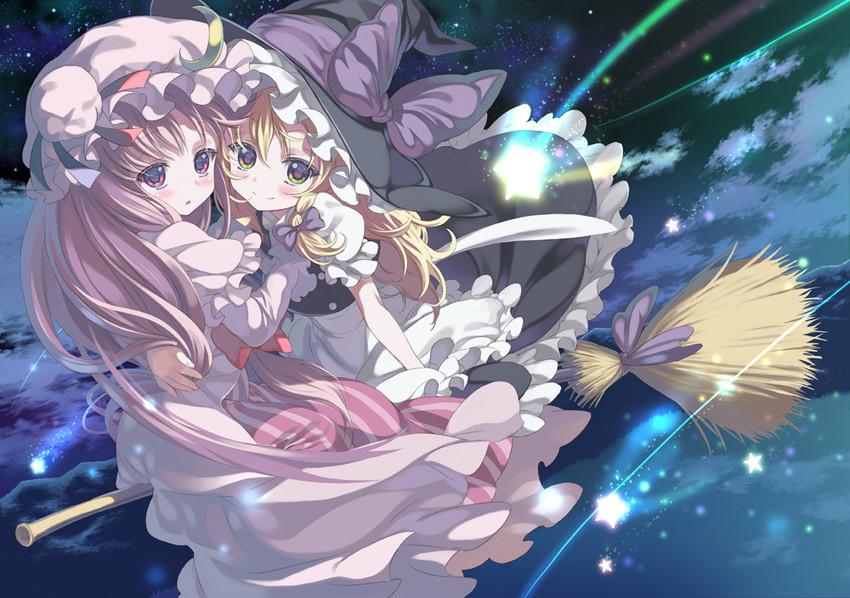 kirisame marisa and patchouli knowledge (touhou) drawn by moriki_takeshi
