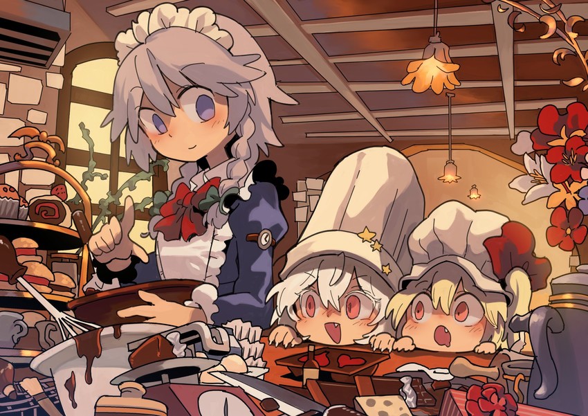 remilia scarlet, flandre scarlet, and izayoi sakuya (touhou) drawn by moyazou_(kitaguni_moyashi_seizoujo)