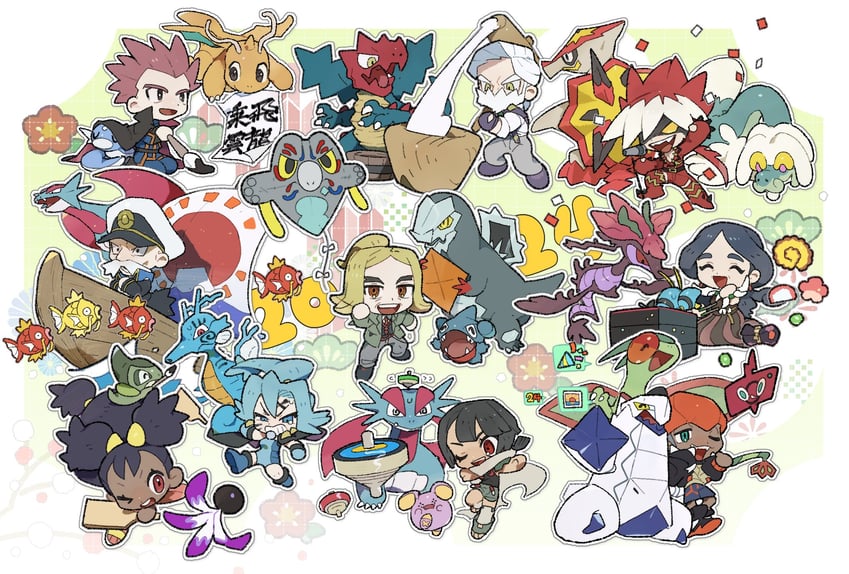 raihan, rotom, rotom phone, iris, dragonite, and 24 more (pokemon and 10 more) drawn by mimura_(nnnnnnnnmoo)