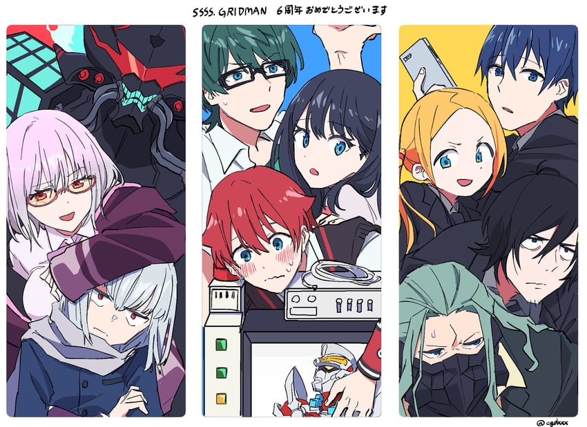 takarada rikka, shinjou akane, hibiki yuuta, gridman, anti, and 6 more (gridman universe and 1 more) drawn by himagosan