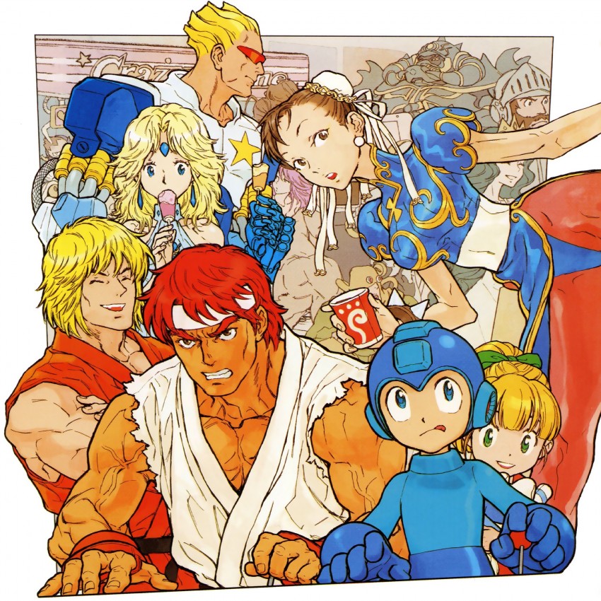 chun-li, ryu, roll, mega man, ken masters, and 6 more (street fighter and 7 more) drawn by nishimura_kinu