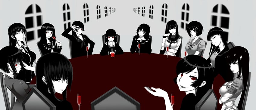 kiryuuin satsuki, hanekawa tsubasa, ayatsuji tsukasa, enma ai, sonohara anri, and 7 more (monogatari and 11 more) drawn by simadu-kazuhisa