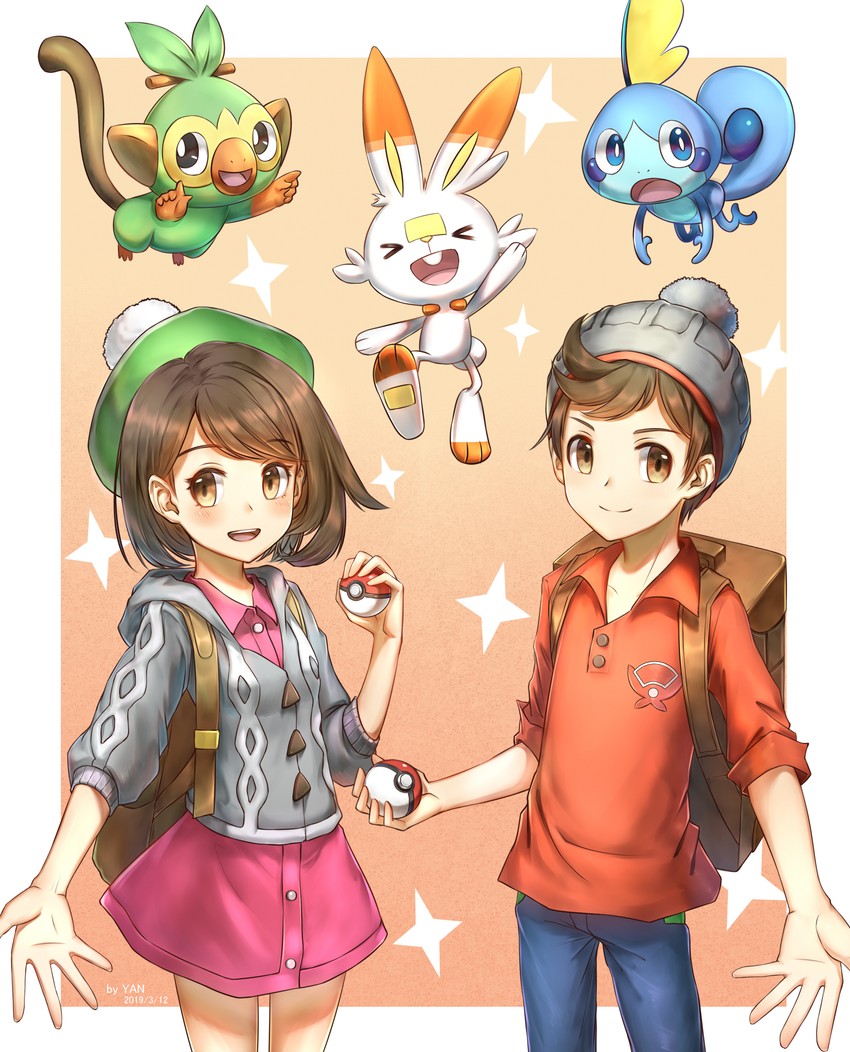gloria, scorbunny, sobble, victor, and grookey (pokemon and 1 more) drawn by chenjiyan_y