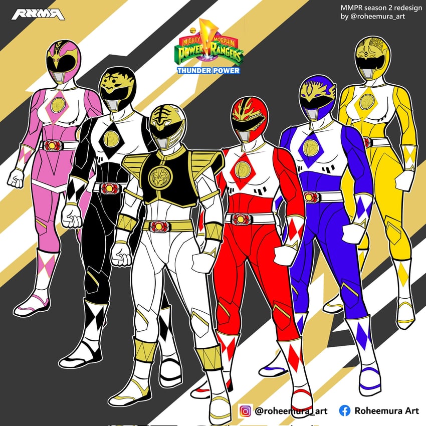 tyranno ranger, ptera ranger, mighty morphin red ranger, mighty morphin pink ranger, tricera ranger, and 12 more (super sentai and 5 more) drawn by roheemura_art