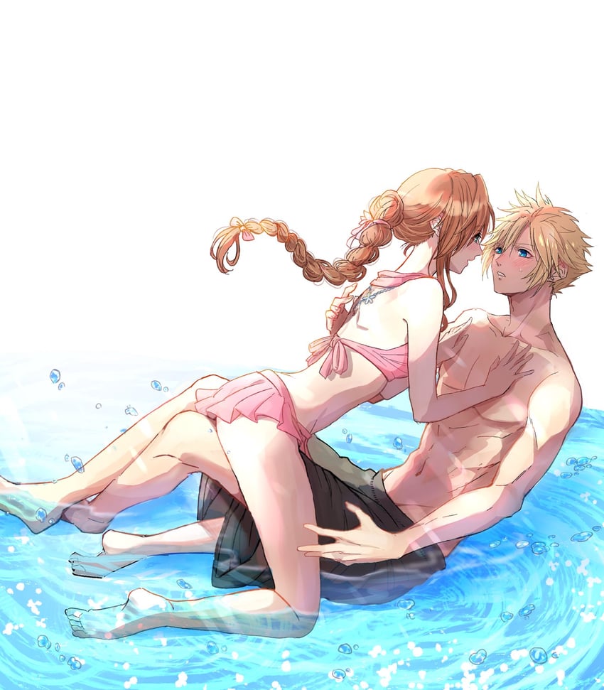 cloud strife and aerith gainsborough (final fantasy and 3 more) drawn by 26caaan