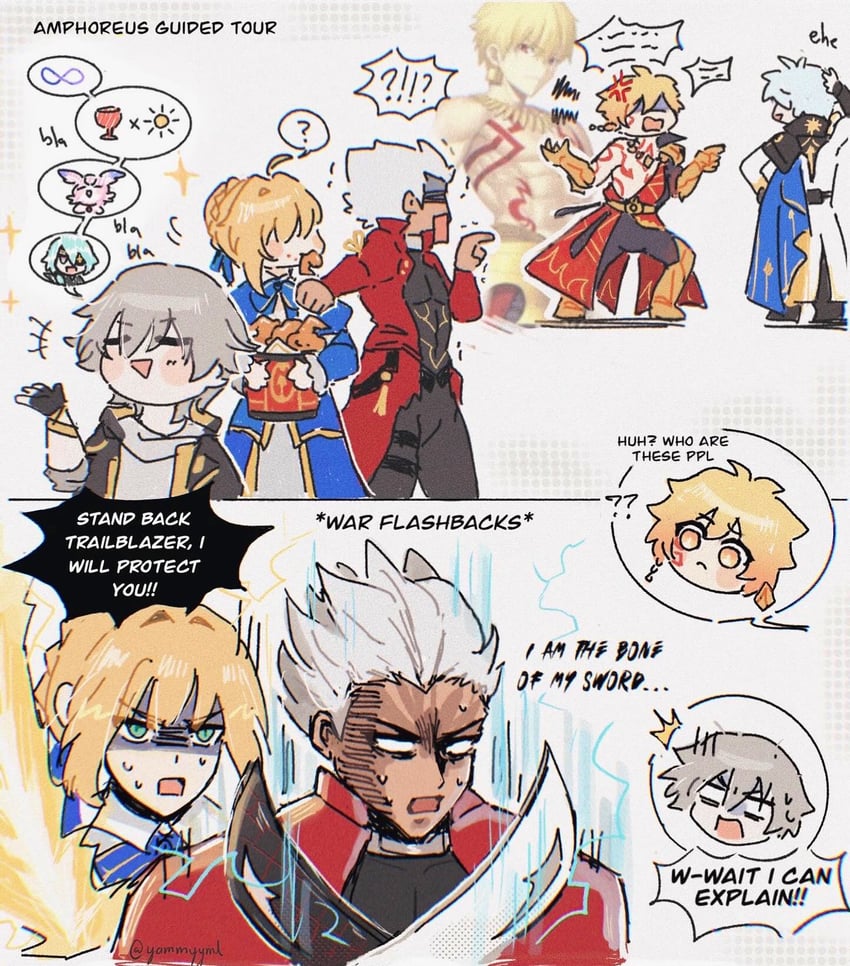 artoria pendragon, saber, trailblazer, gilgamesh, archer, and 3 more (fate and 5 more) drawn by yammyyml