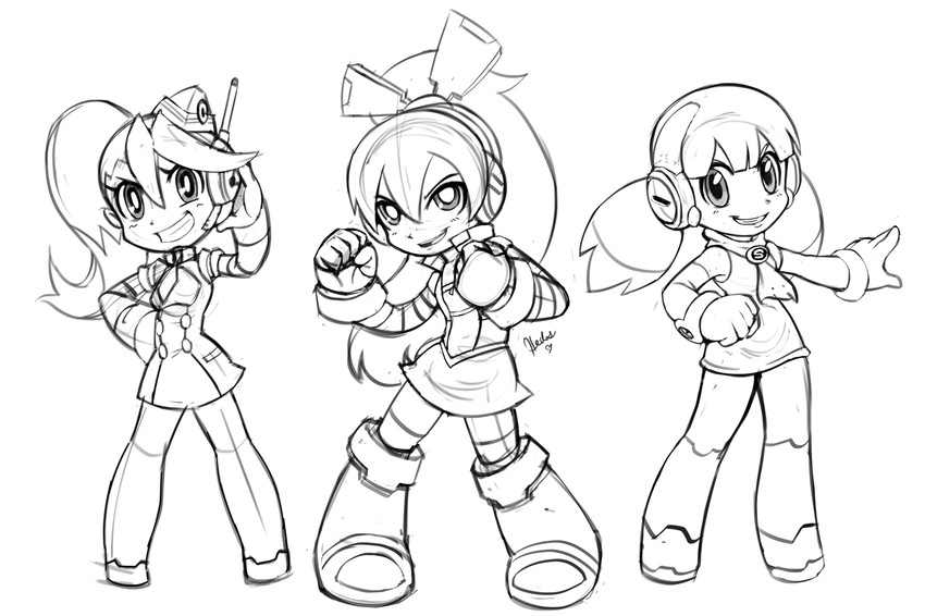 call, call e, call f, and call h (mighty no. 9) drawn by heilos