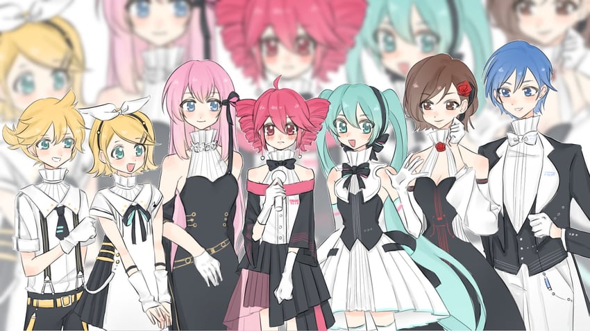 hatsune miku, kagamine rin, kagamine len, megurine luka, kasane teto, and 2 more (vocaloid and 2 more) drawn by akiri11