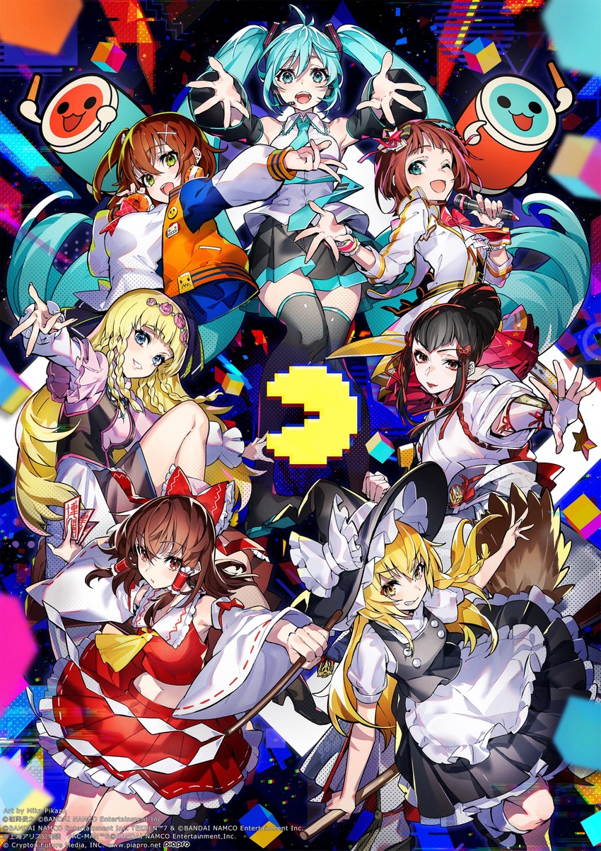 hatsune miku, hakurei reimu, kirisame marisa, amami haruka, pac-man, and 5 more (touhou and 9 more) drawn by mika_pikazo