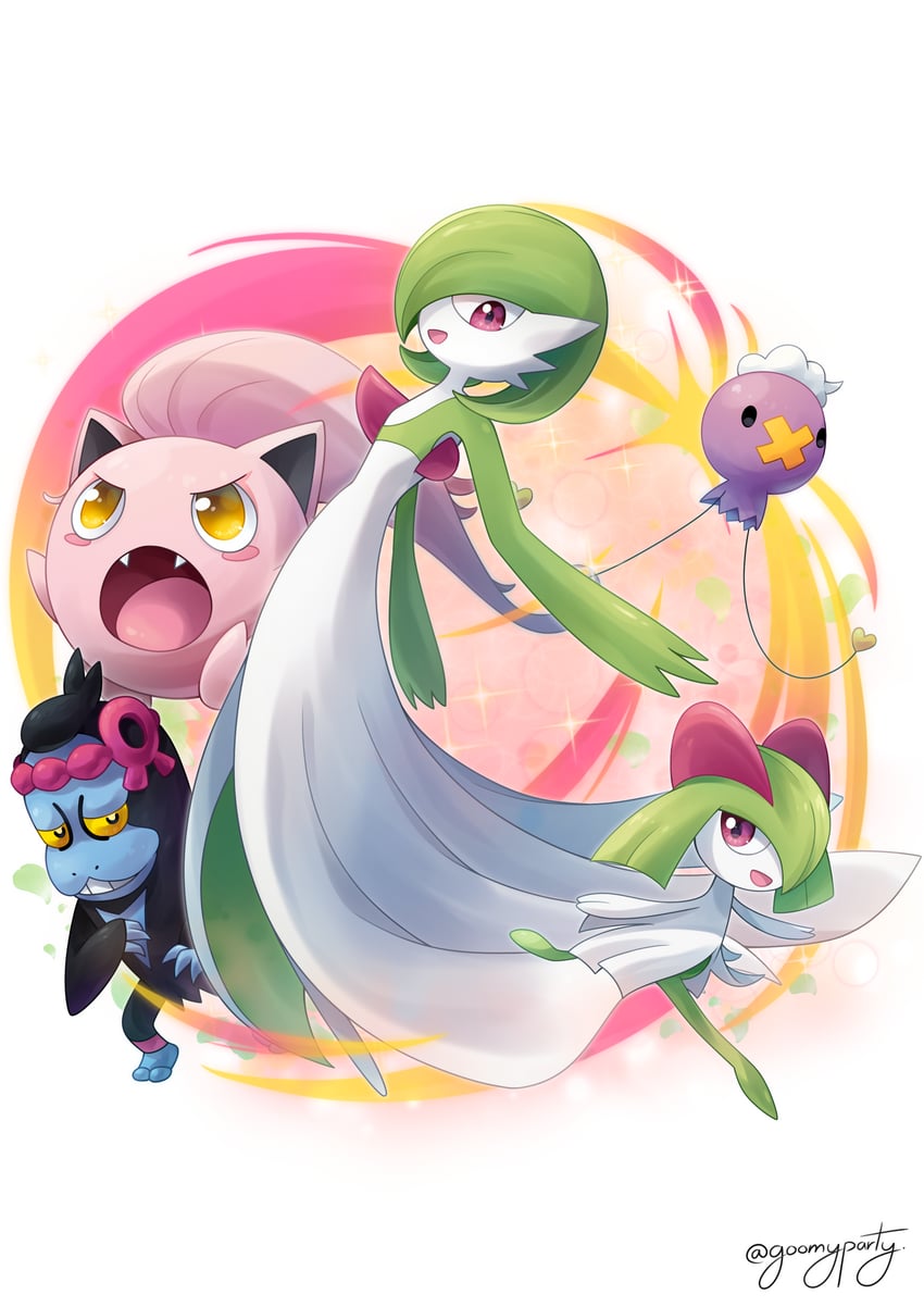 gardevoir, kirlia, drifloon, scream tail, and munkidori (pokemon) drawn by goom_(goomyparty)