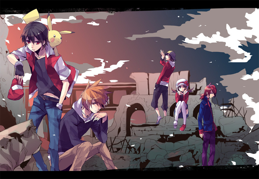 pikachu, red, ethan, blue oak, lyra, and 1 more (pokemon and 2 more) drawn by ichi_kawa_ichi