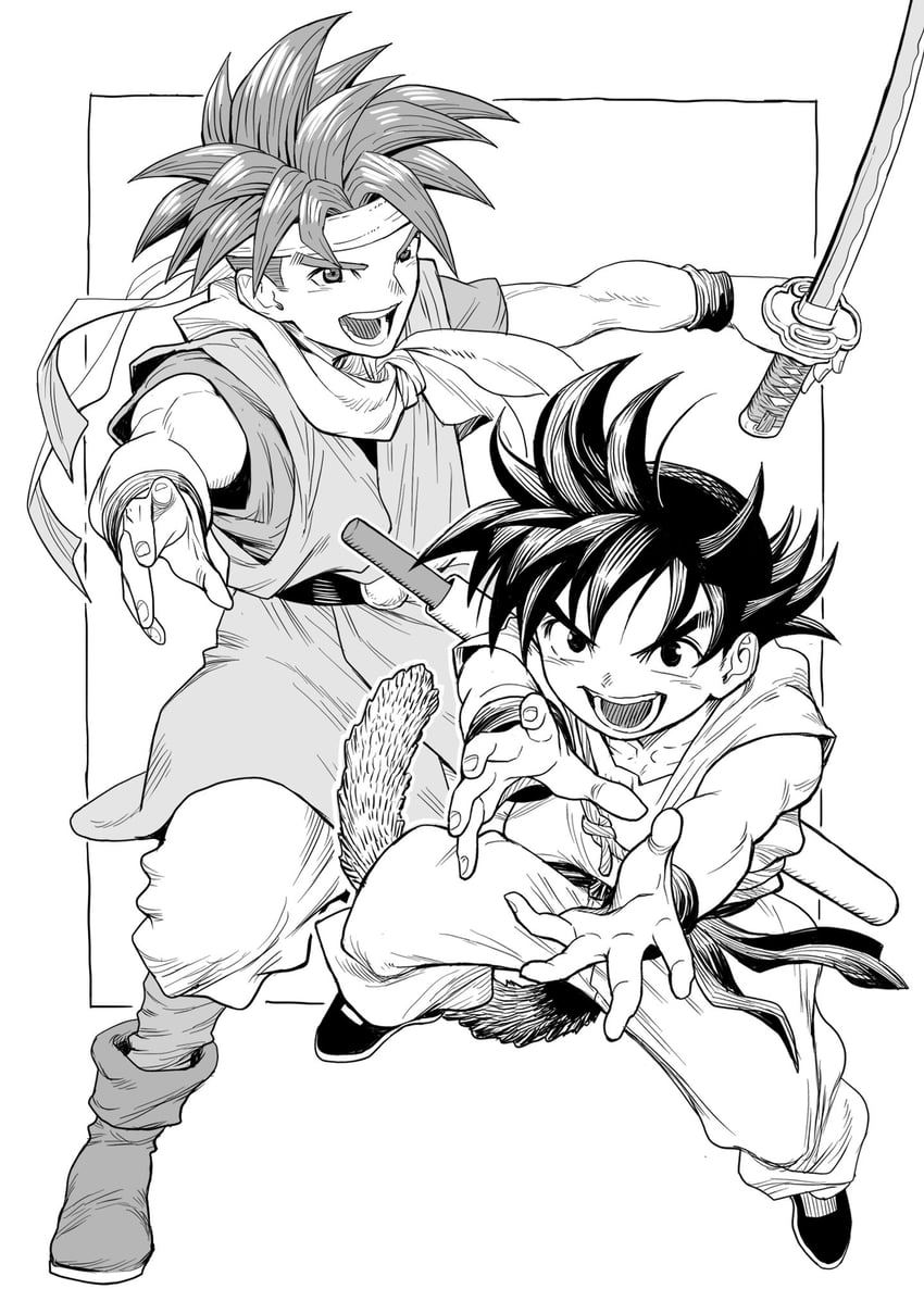 son goku and crono (dragon ball and 1 more) drawn by kimura_yuji