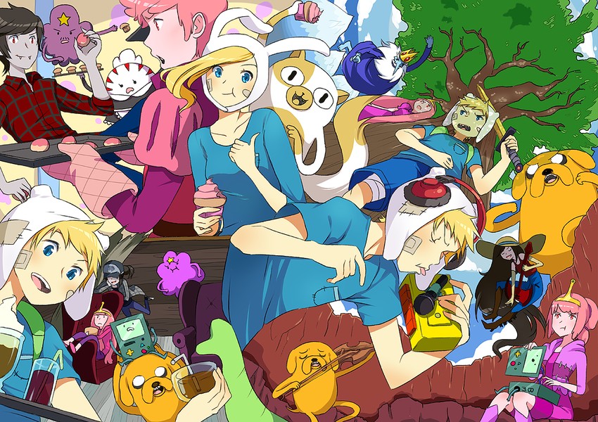 marceline abadeer, princess bonnibel bubblegum, finn the human, jake the dog, fionna campbell, and 9 more (adventure time) drawn by moorina and radiostarkiller