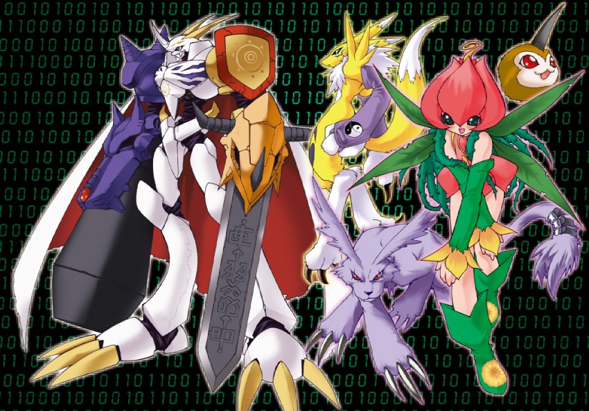 renamon, omegamon, lilimon, tunomon, and gazimon (digimon and 1 more) drawn by ruuen_rouga