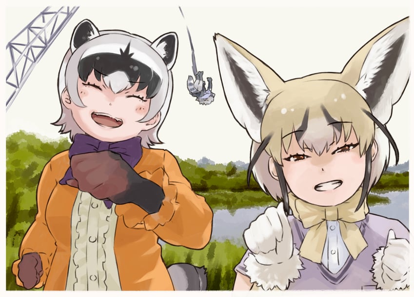 common raccoon, rueppell's fox, and crab-eating raccoon (kemono friends) drawn by toriny