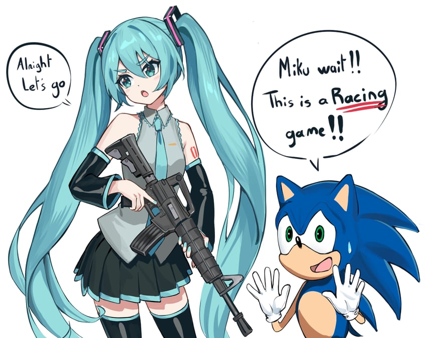 hatsune miku and sonic the hedgehog (vocaloid and 3 more) drawn by bib_(bibboss39)
