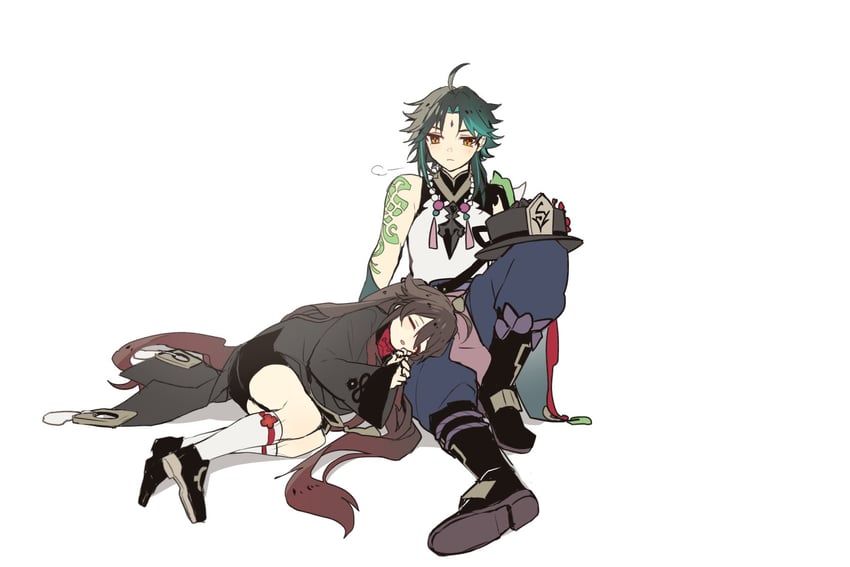 hu tao and xiao (genshin impact) drawn by hoshiyui_tsukino