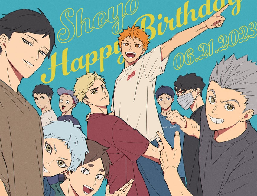 hinata shouyou, bokuto koutarou, kageyama tobio, miya atsumu, ushijima wakatoshi, and 5 more (haikyuu!!) drawn by akairo_(chooop)