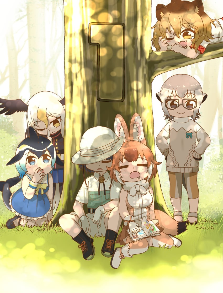 captain, dhole, lion, common dolphin, meerkat, and 1 more (kemono friends and 1 more) drawn by rakugaki_arai
