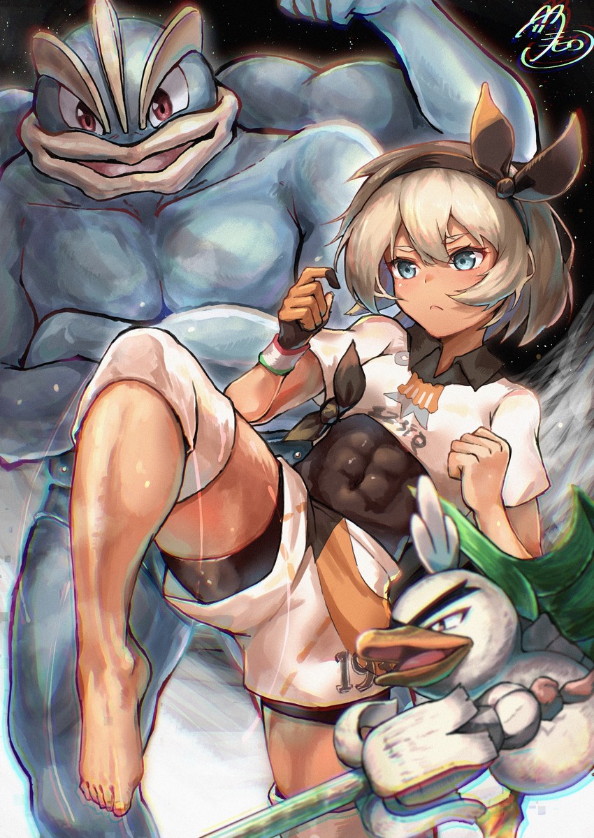 bea, machamp, and sirfetch'd (pokemon and 1 more) drawn by fueto_hiroki