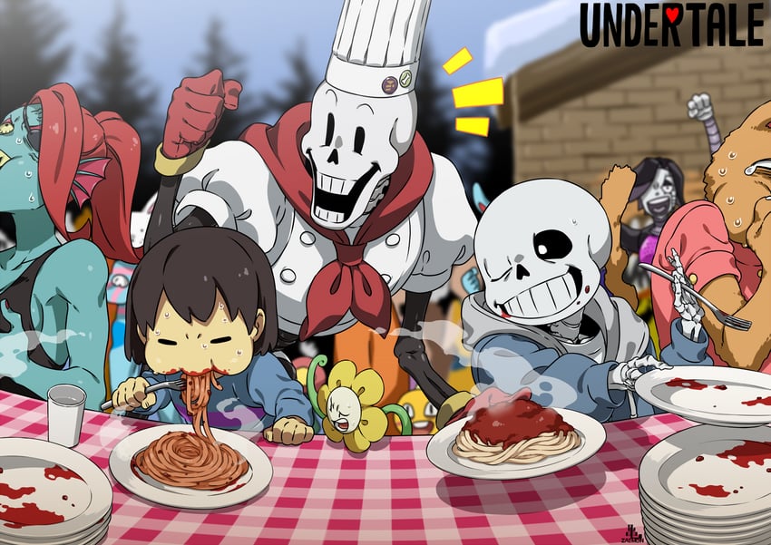 frisk, sans, undyne, papyrus, flowey, and 3 more (undertale) drawn by kamezaemon