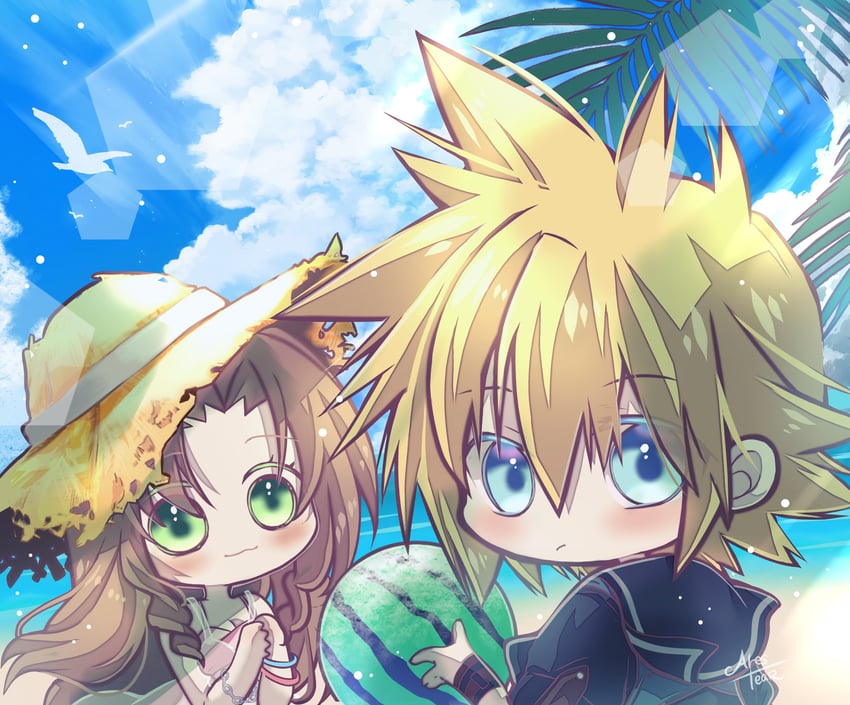 cloud strife and aerith gainsborough (final fantasy and 2 more) drawn by arestear0701