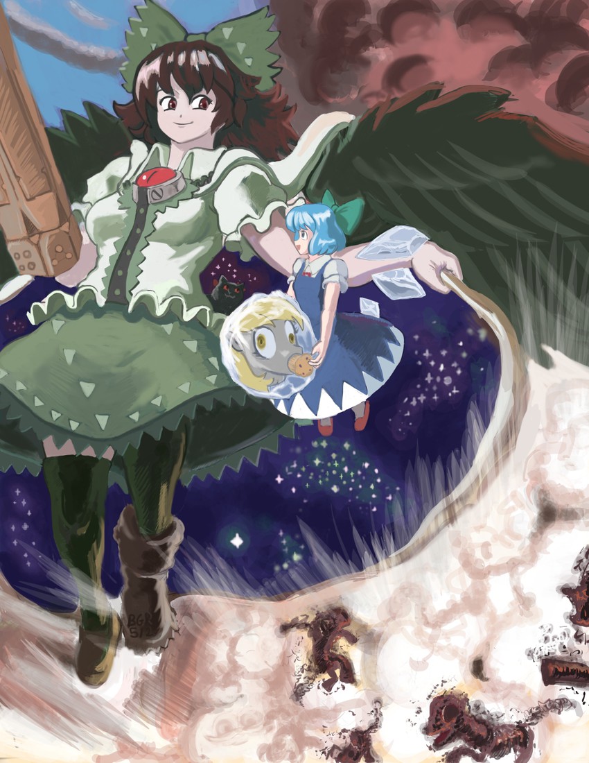 cirno, kaenbyou rin, reiuji utsuho, and derpy hooves (touhou and 2 more) drawn by profitshame