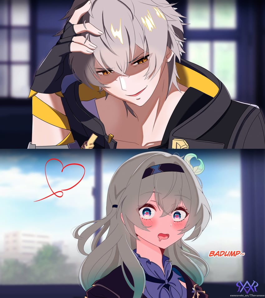 trailblazer, firefly, and caelus (honkai and 2 more) drawn by thevarnese