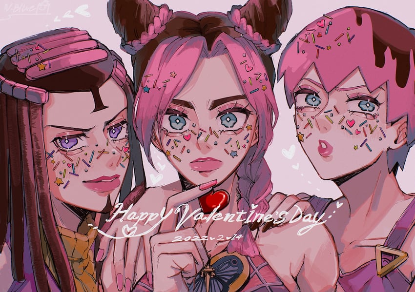 kujo jolyne, foo fighters, and ermes costello (jojo no kimyou na bouken and 1 more) drawn by natchan_blue_(nanairopenki)