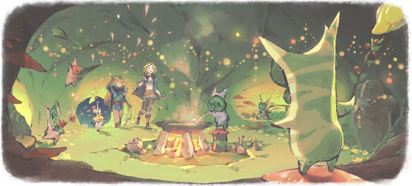 link, princess zelda, and korok (the legend of zelda and 1 more) drawn by kchang57