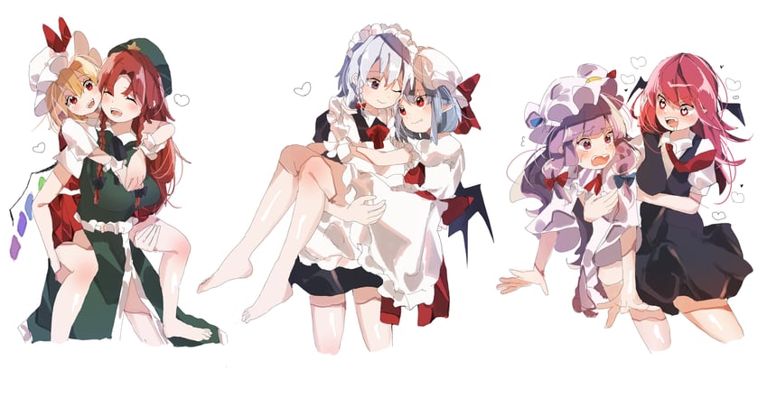 remilia scarlet, flandre scarlet, izayoi sakuya, patchouli knowledge, hong meiling, and 1 more (touhou and 1 more) drawn by gominami