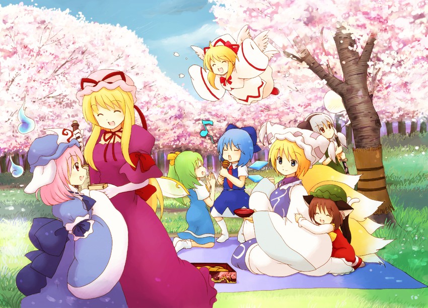 konpaku youmu, cirno, yakumo yukari, saigyouji yuyuko, yakumo ran, and 3 more (touhou) drawn by eijima_moko