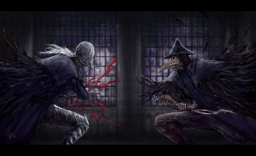 eileen the crow and bloody crow of cainhurst (bloodborne) drawn by azure_meraki