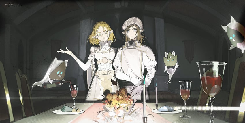 link, princess zelda, and korok (the legend of zelda and 1 more) drawn by akihare