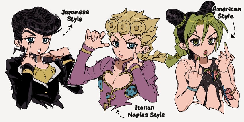 kujo jolyne, giorno giovanna, and higashikata josuke (jojo no kimyou na bouken and 3 more) drawn by fu_r_y