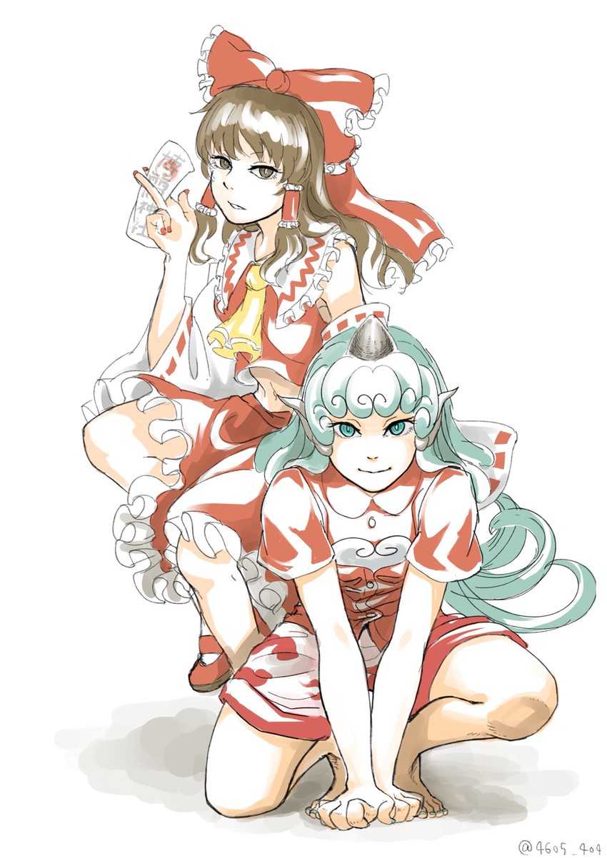 hakurei reimu and komano aunn (touhou) drawn by shiratama_(irodoli)