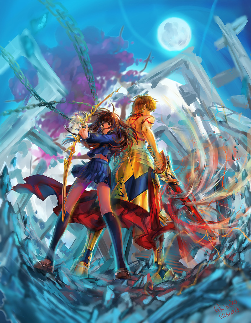 gilgamesh and kishinami hakuno (fate and 2 more) drawn by goenitzchild