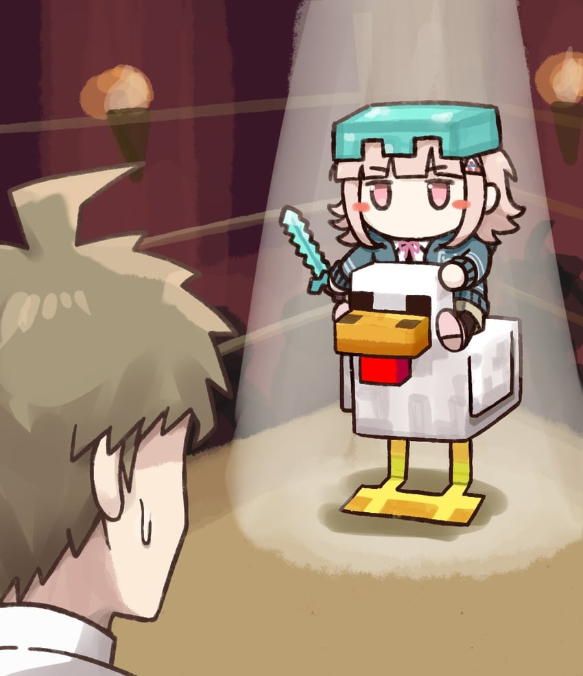 nanami chiaki, hinata hajime, chicken, and chicken jockey (danganronpa and 3 more) drawn by kmnm_1403