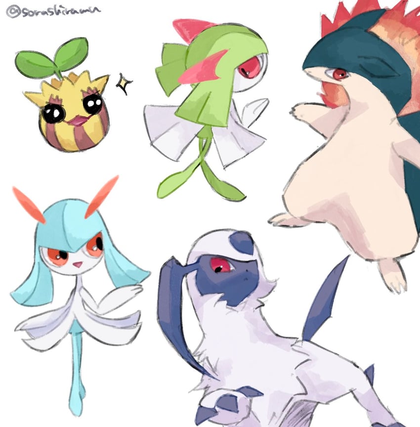 kirlia, absol, typhlosion, and sunkern (pokemon) drawn by sorashiramu