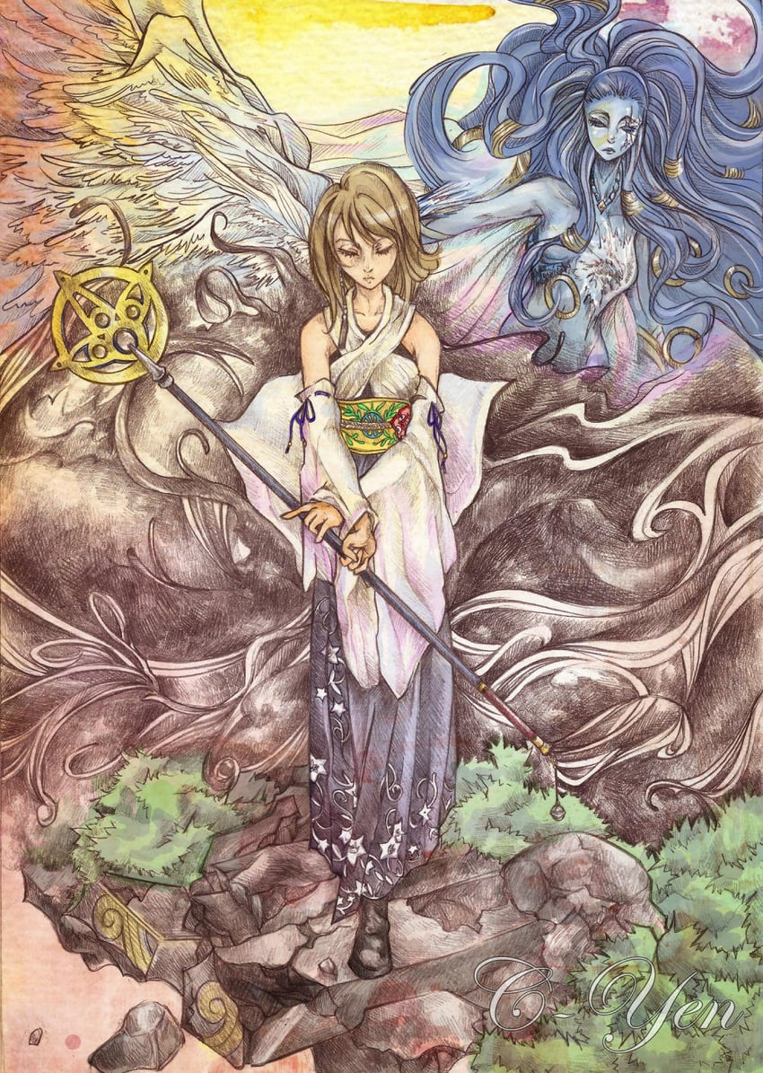 yuna and shiva (final fantasy and 1 more) drawn by c-yen