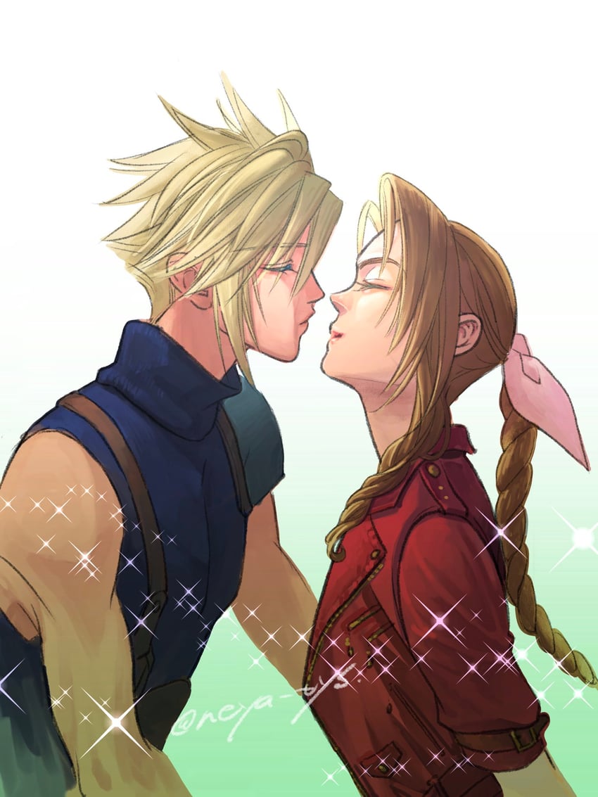cloud strife and aerith gainsborough (final fantasy and 2 more) drawn by neya