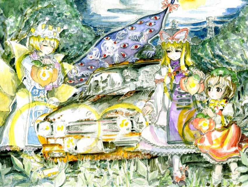 yakumo yukari, yakumo ran, chen, and justaway (touhou and 2 more) drawn by master_(4th)